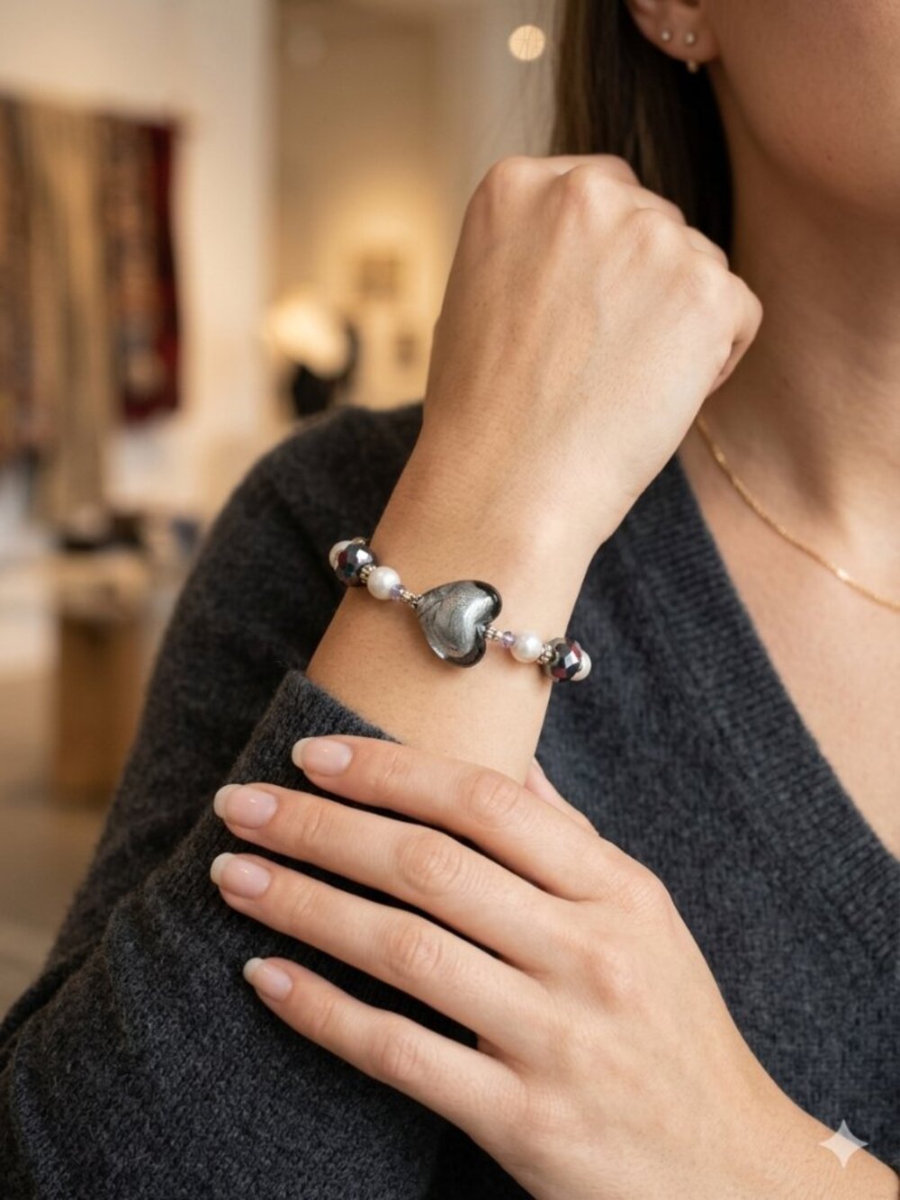 Designs by Forte Handmade Silver Foil Heart & Pearl Stretch Bracelet